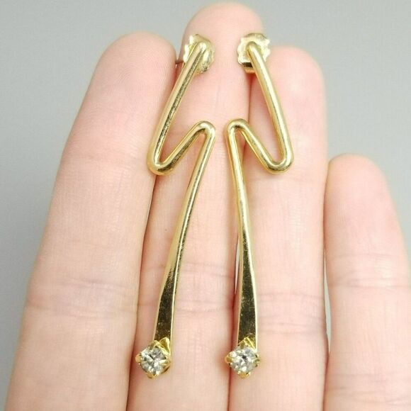 Vintage Gold Tone Zig Zag Dangle Stud Earrings, Rhinestone Accent, Retro Estate - Picture 1 of 6